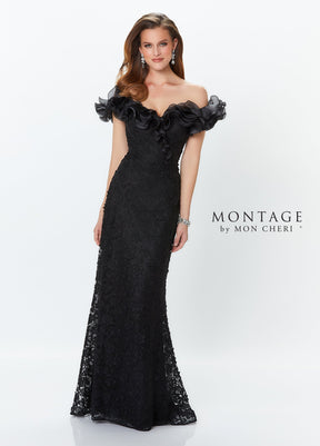 Ruffled Organza Off Shoulder Venice Lace Gown