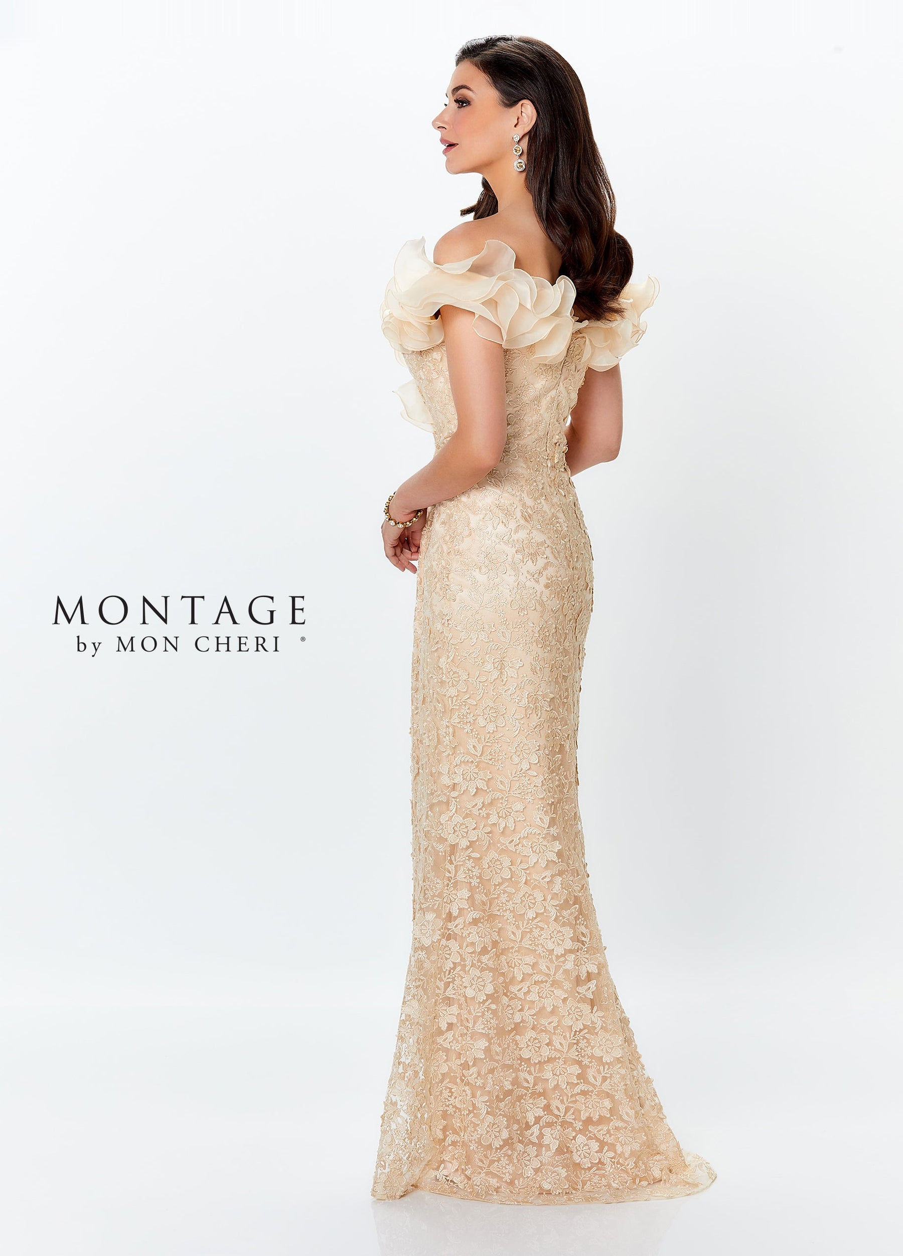 Ruffled Organza Off Shoulder Venice Lace Gown