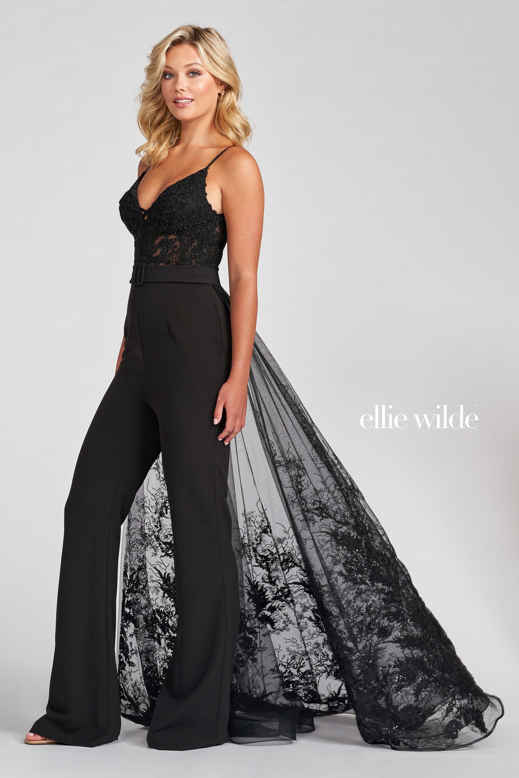 Sequin Embroidered Jumpsuit with Detachable Train