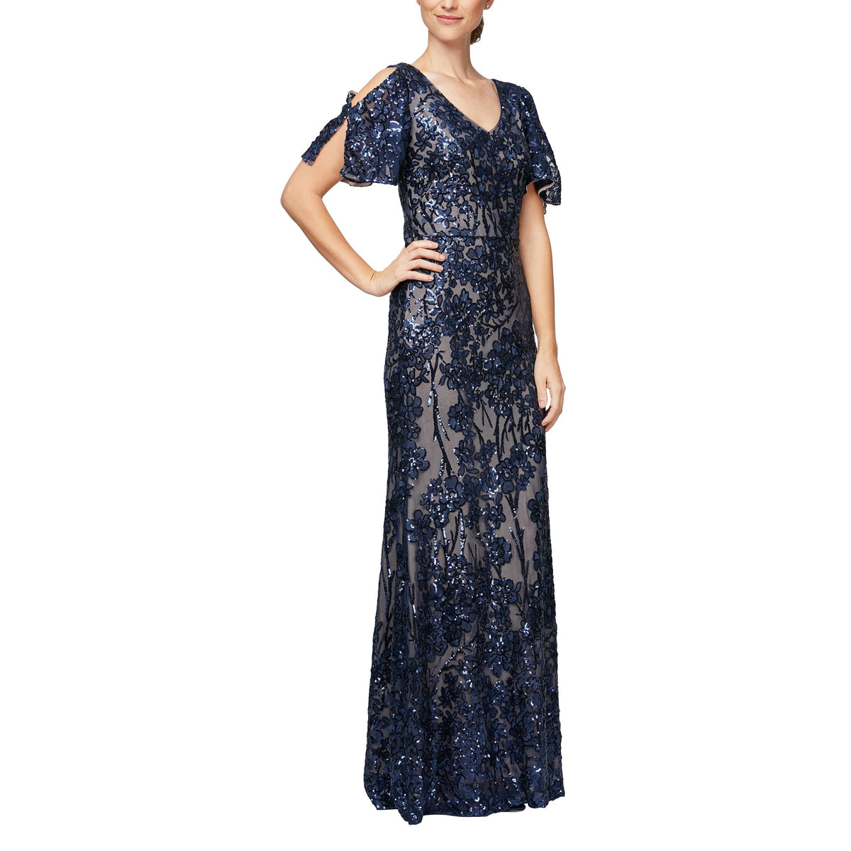 Alex Evenings Sequin Floral Embroidered Gown navy