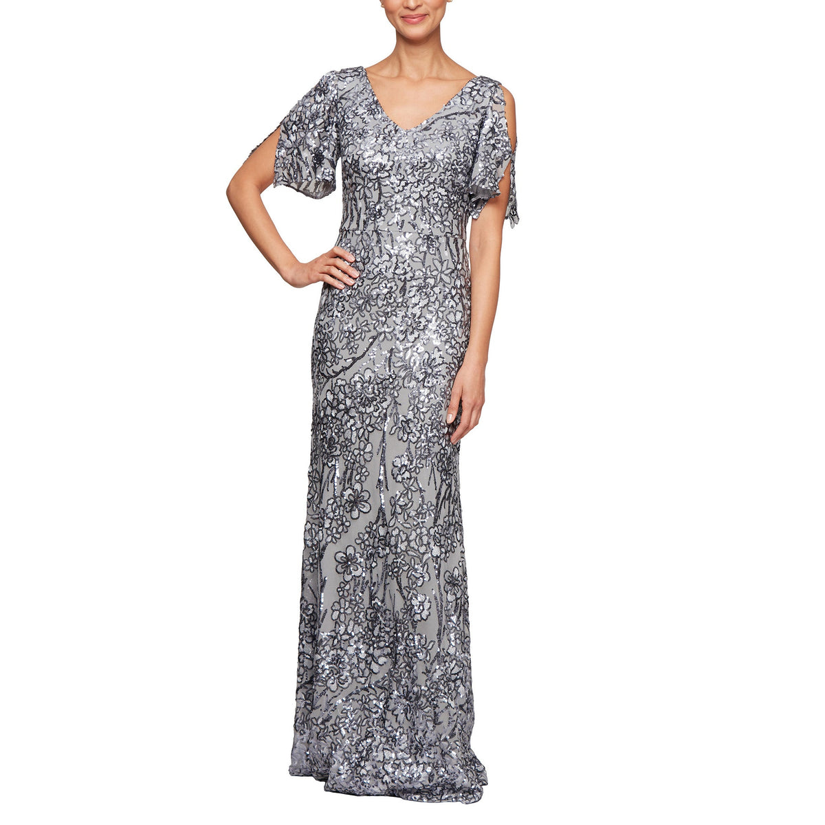 Alex Evenings Sequin Floral Embroidered Gown silver