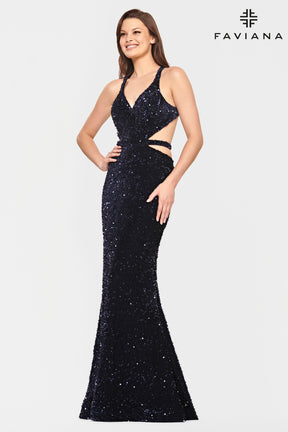 Sequin Strappy V Neck Gown