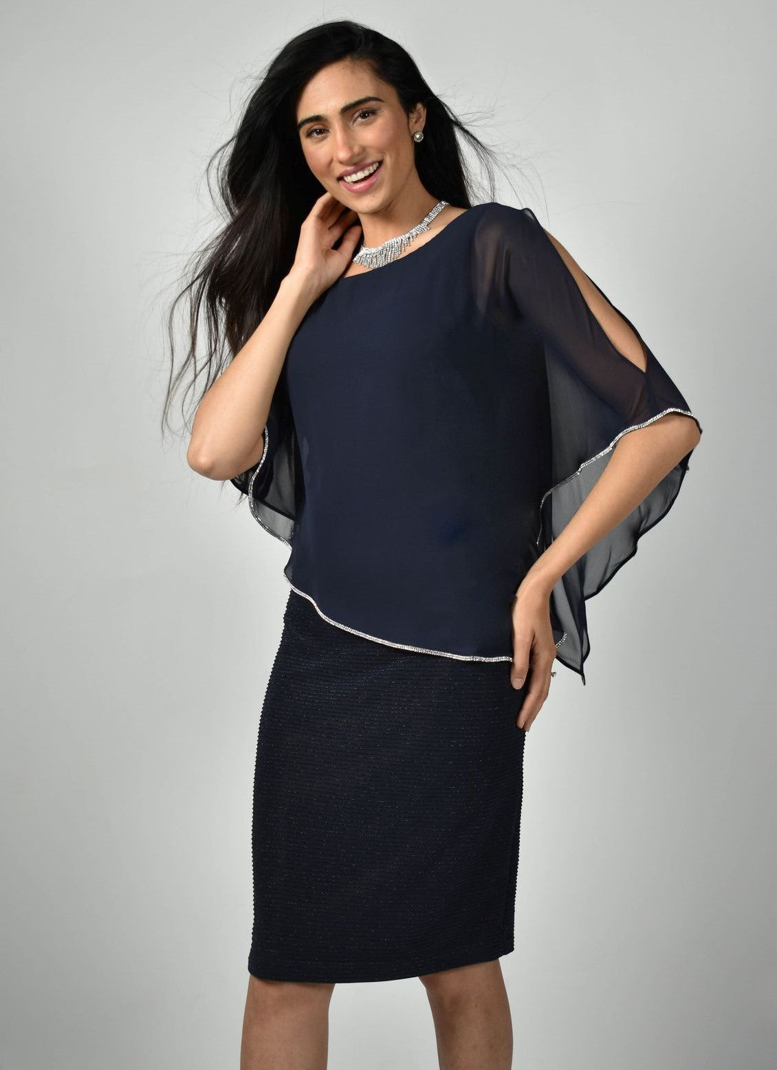 Shimmer Knit Dress with Chiffon Overlay