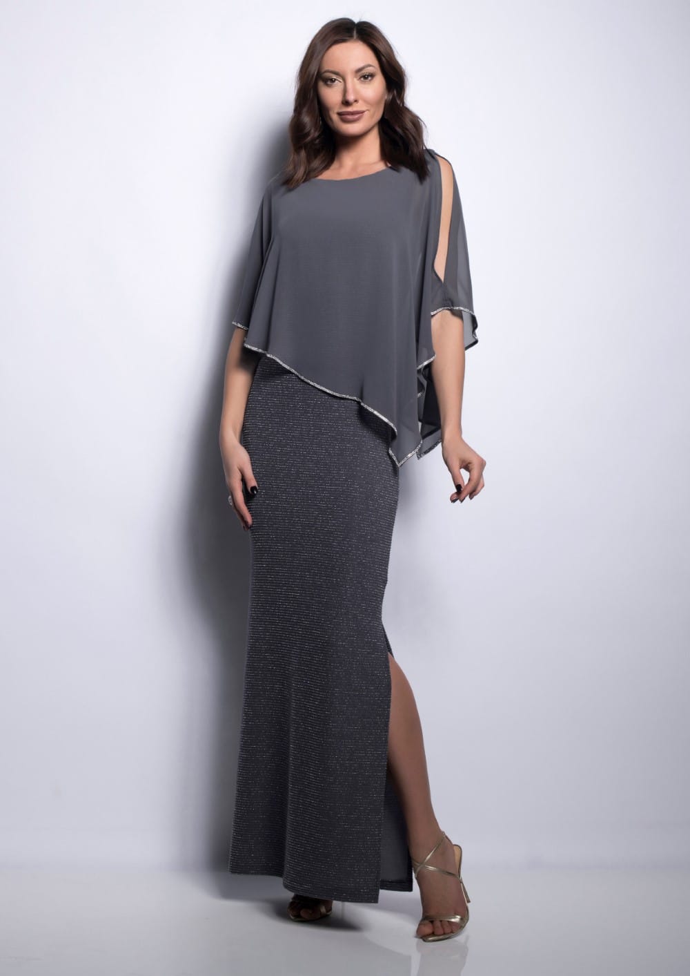 Shimmer Knit Gown with Chiffon Overlay