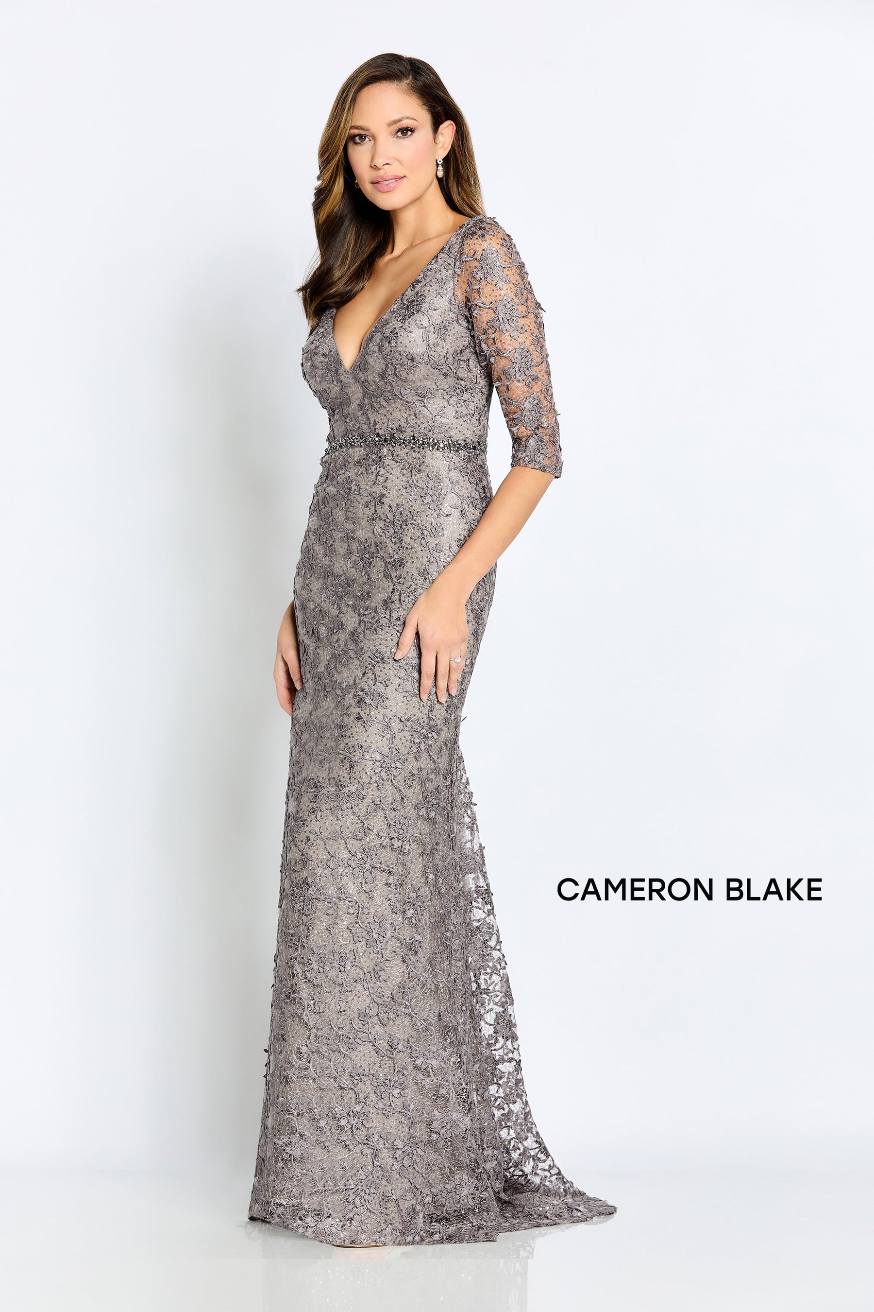 Shimmer Lace Gown With Beaded Belt