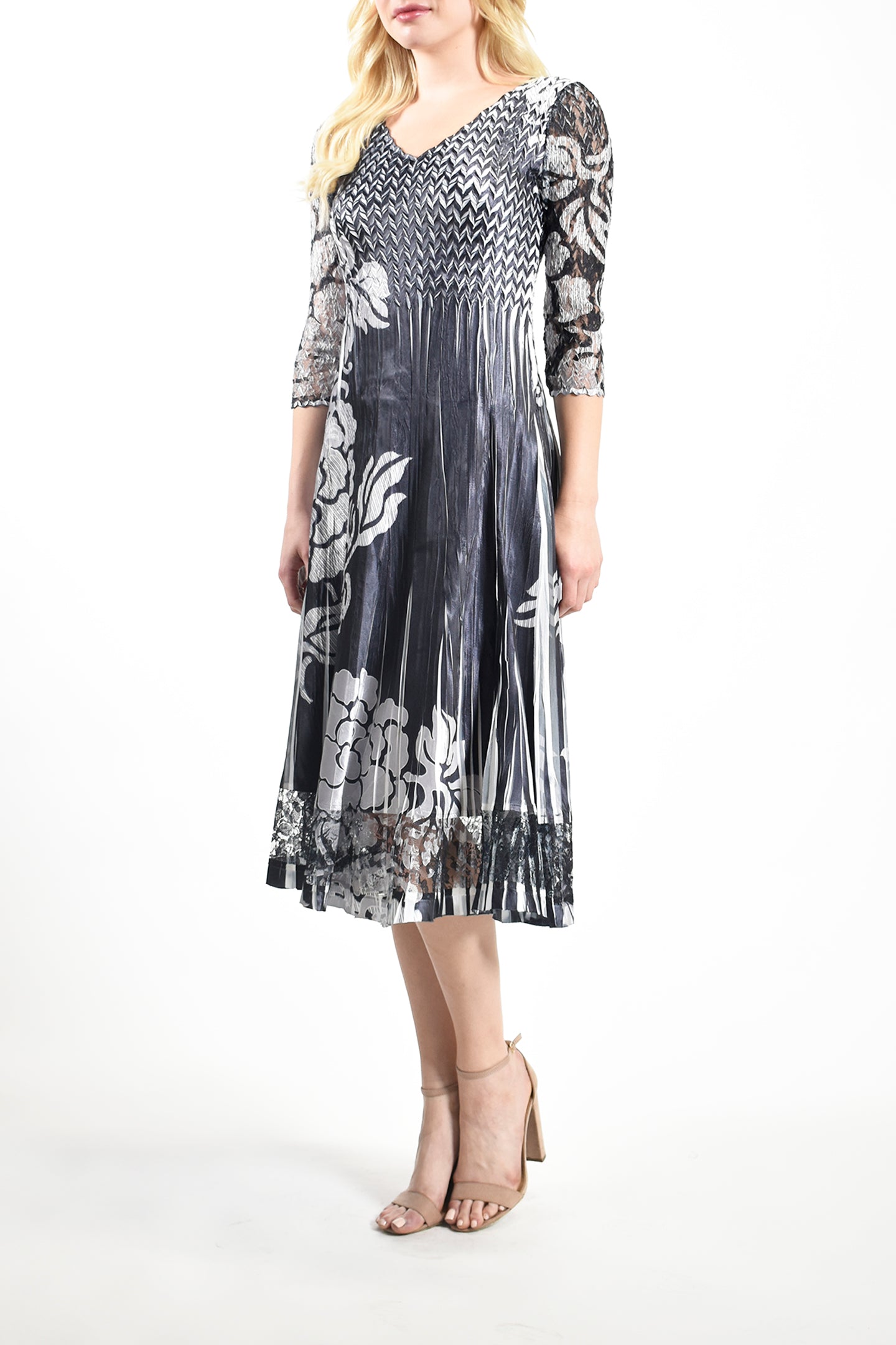 Silver Brocade Lace Sleeve Charmeuse Dress