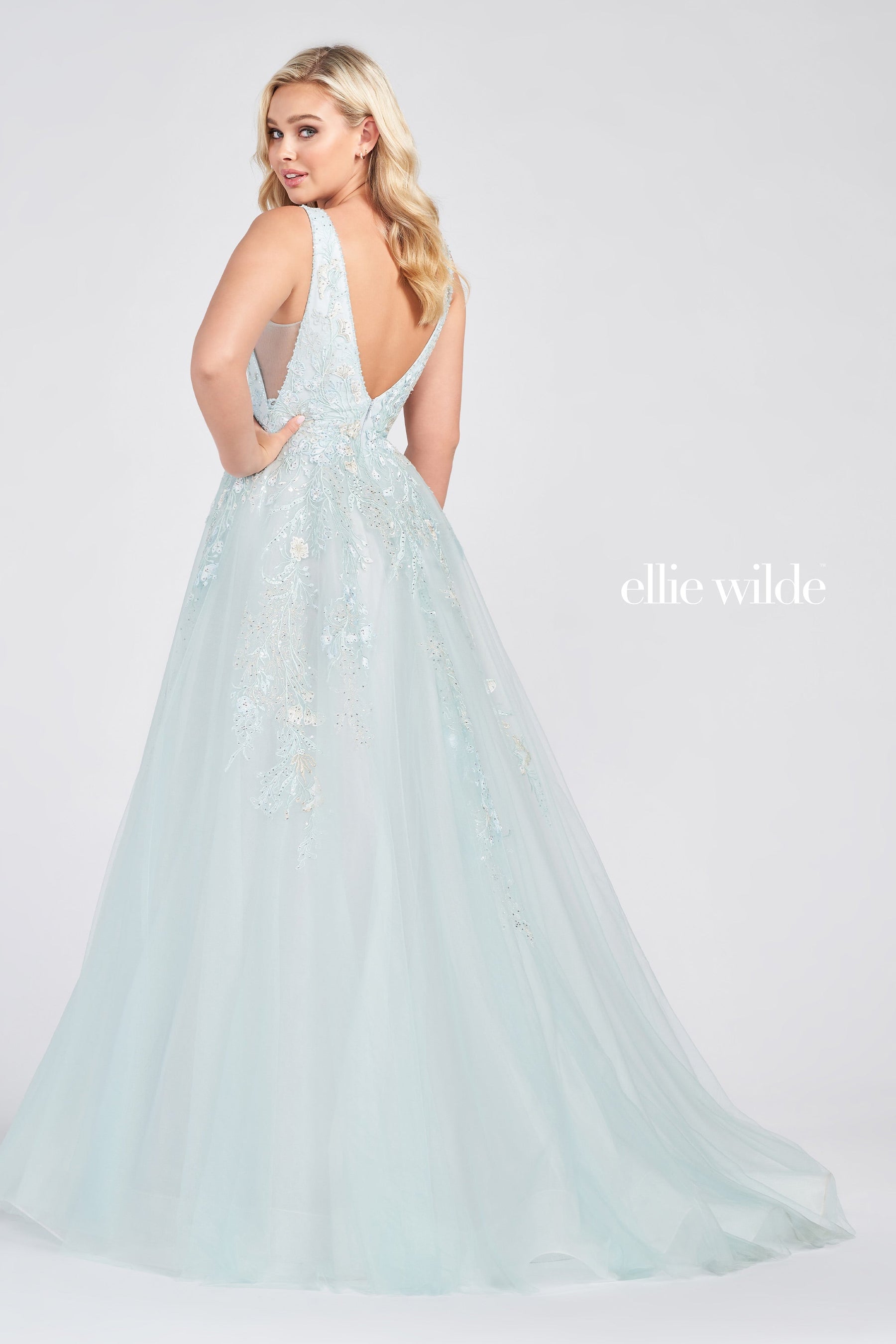 Stone Accented Embroidered Tulle Gown
