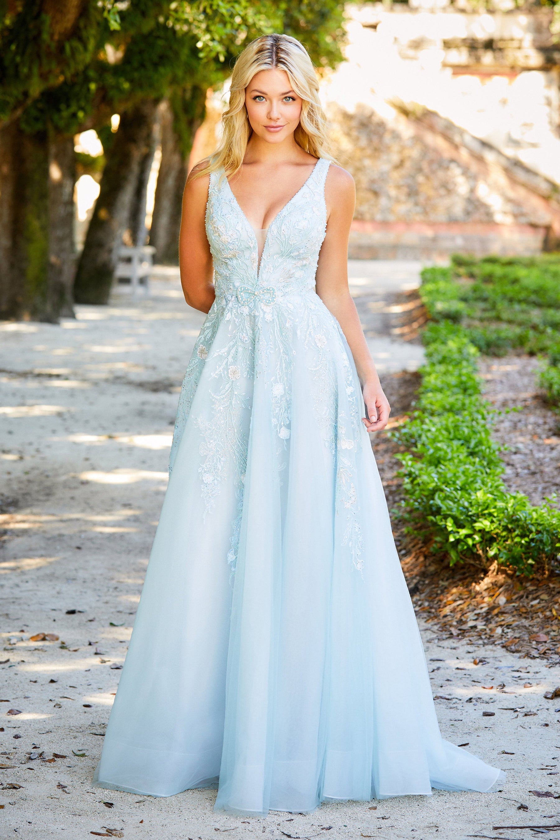 Stone Accented Embroidered Tulle Gown