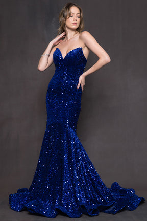 Strapless Sequin Fit and Flare Gown