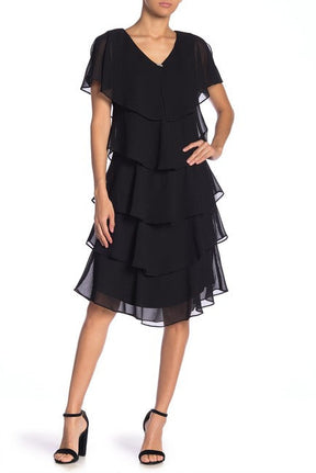 SLNY Tiered Capelet Dress black front