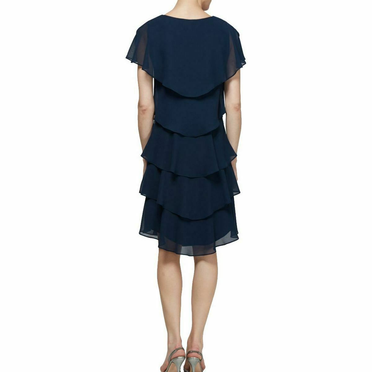 SLNY Tiered Capelet Dress Navy back