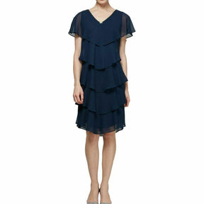 SLNY Tiered Capelet Dress Navy front