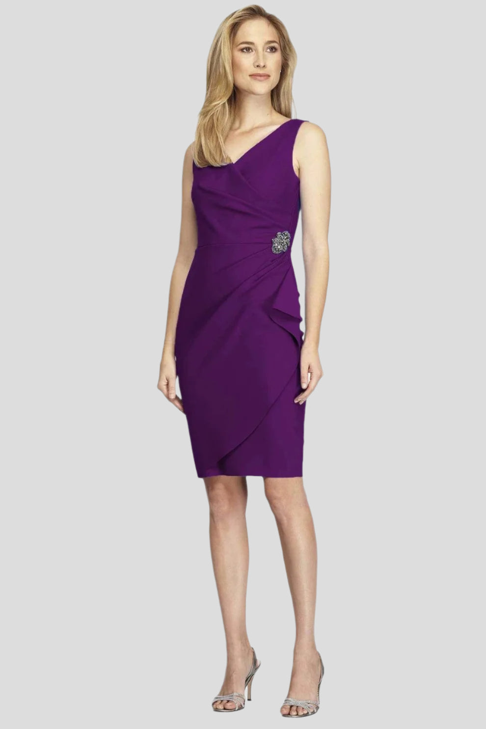 Alex Evenings Faux Crossover Side Ruched Dress plum front
